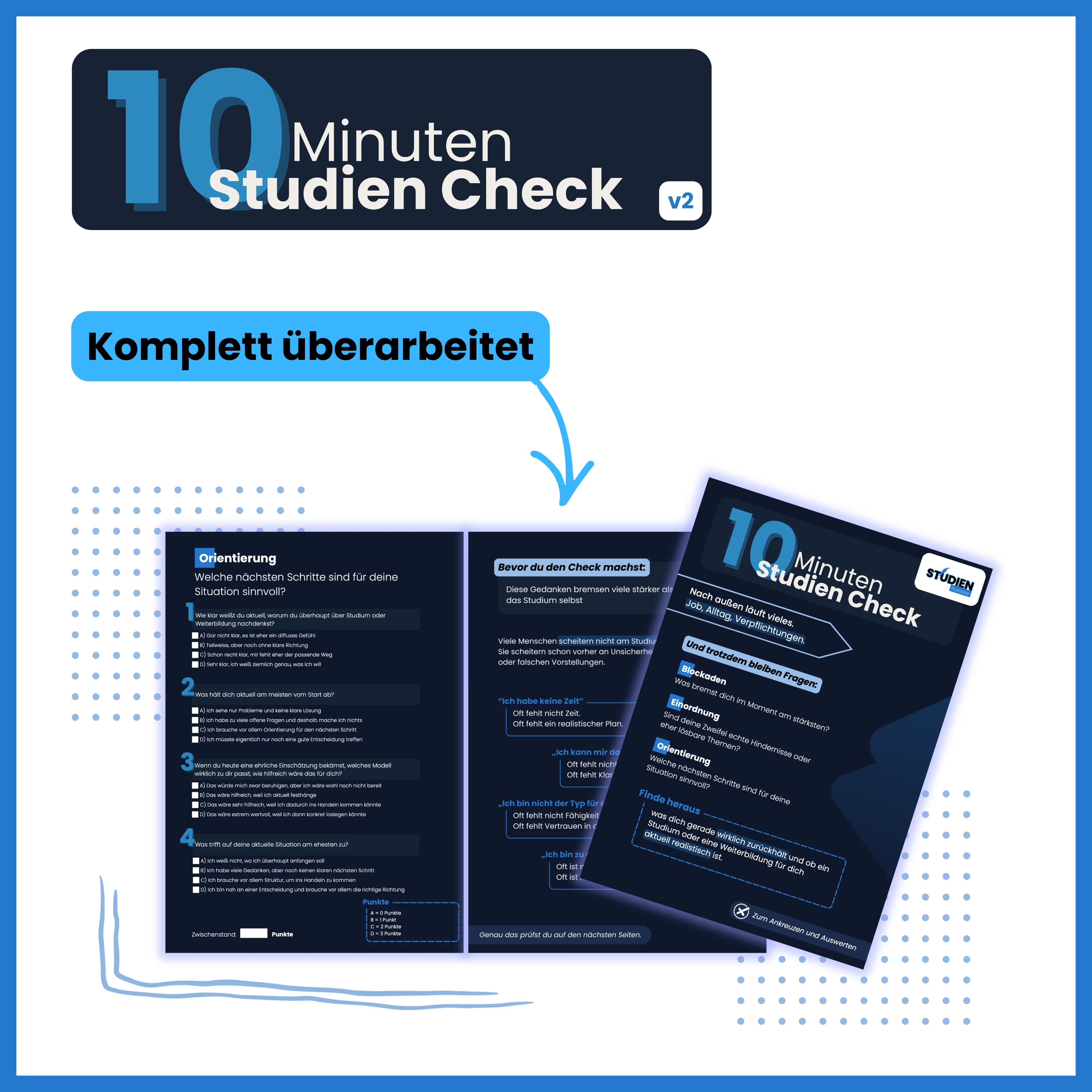 Vorschau des 10-Minuten-Studienchecks: Selbsttest mit den Bereichen Blockaden, Einordnung und Orientierung für berufsbegleitendes Studieren