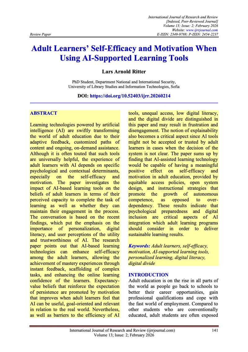 Adult Learners' Self-Efficacy and Motivation