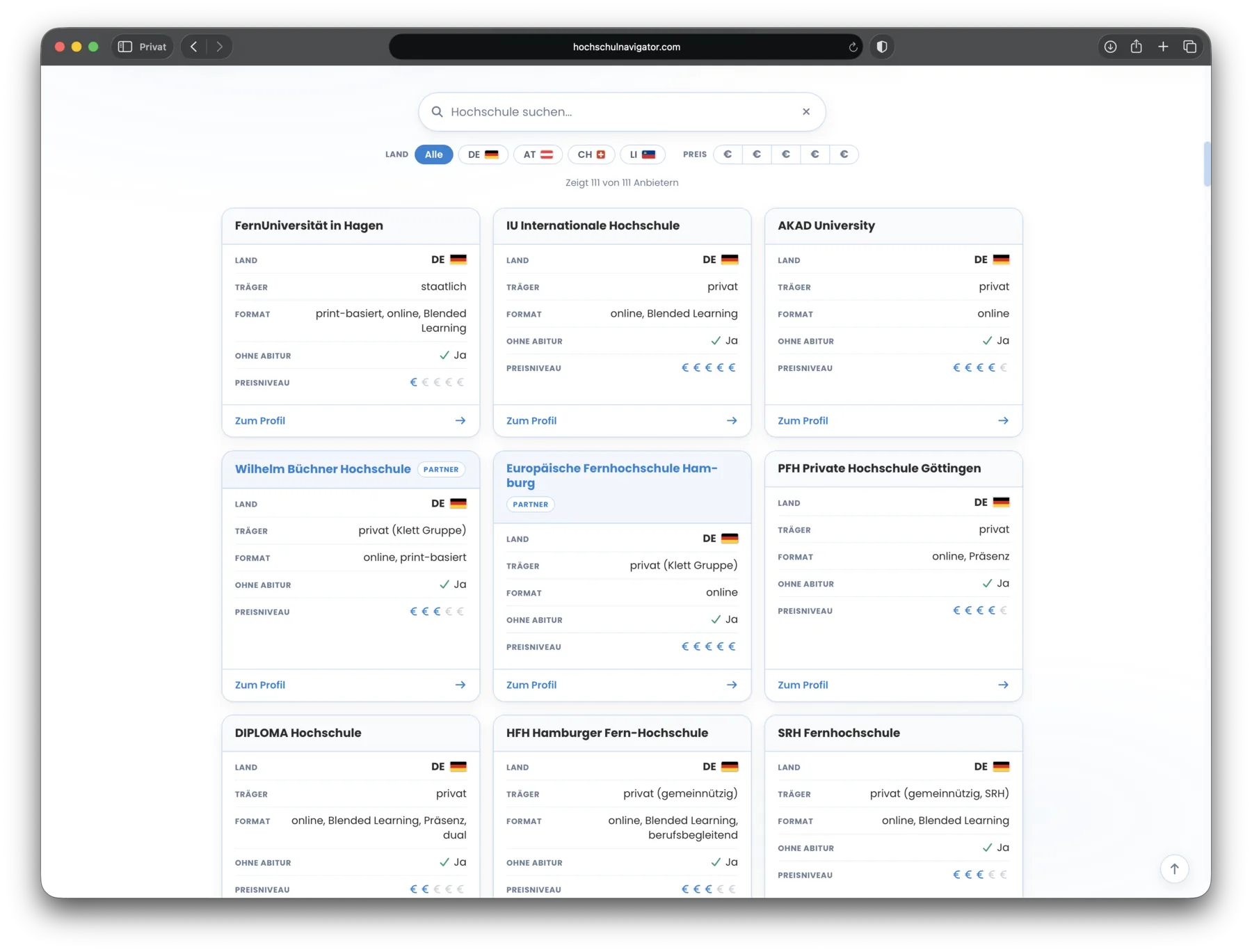 Hochschulnavigator im Browser: 111 Fernhochschulen mit Filtern nach Land und Preis vergleichen