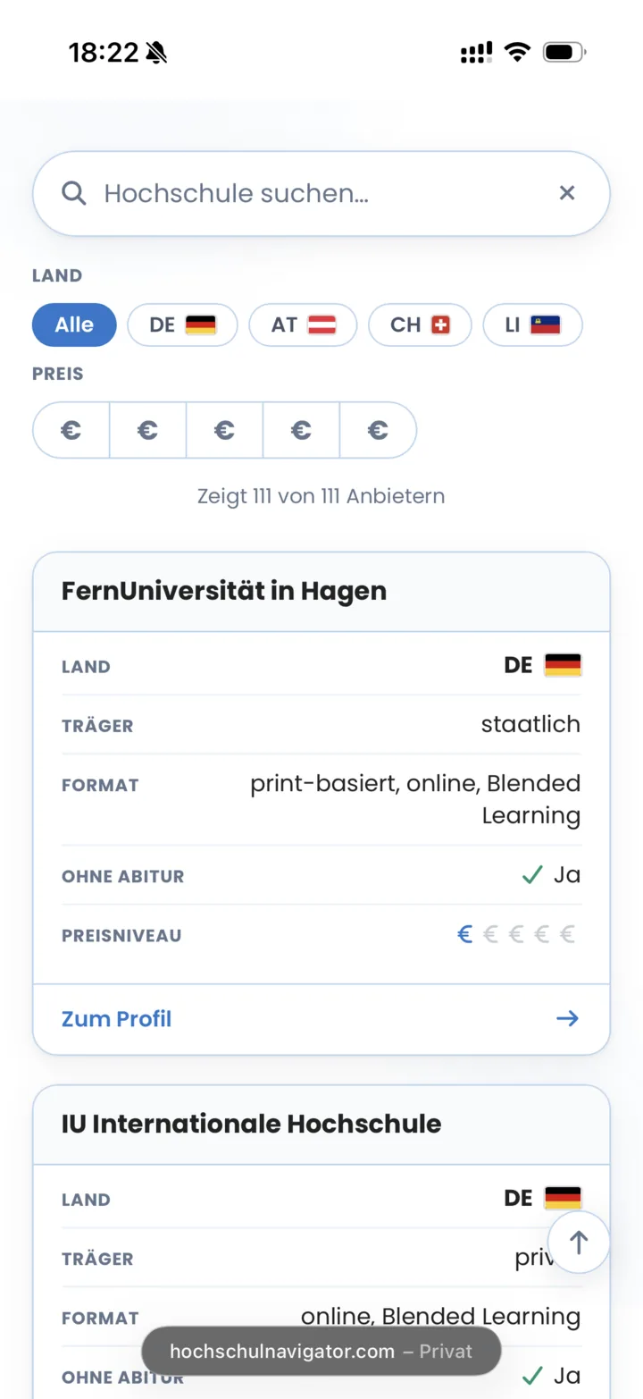 Hochschulnavigator auf dem Smartphone