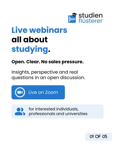 Live webinars all about studying: open, clear and with no sales pressure. Insights, perspective and real questions in an open discussion, live on Zoom.