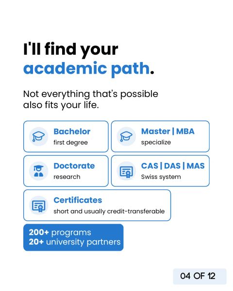 I find your academic path: Bachelor, Master, MBA, doctorate, CAS, DAS, MAS and certificates from over 200 programs and over 20 university partners.