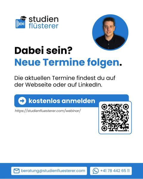 Dabei sein: neue Termine folgen, die aktuellen Termine stehen auf der Webseite oder auf LinkedIn, kostenlose Anmeldung über studienfluesterer.com/webinar.