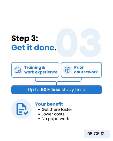 Step 3, Get it done: count training, work experience and prior coursework toward your degree, up to 50 percent less study time, get there faster with lower costs.