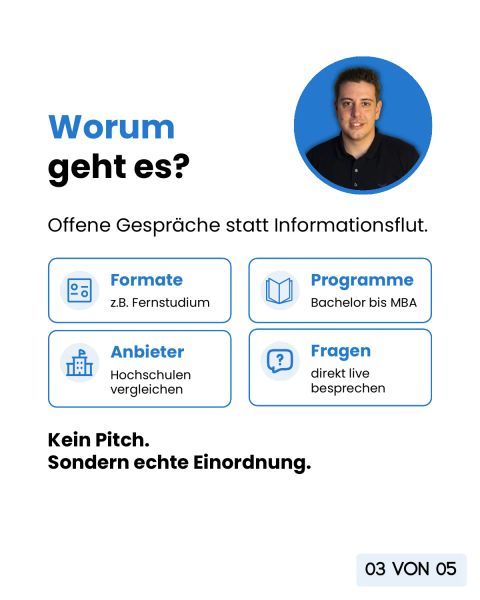 Worum geht es: offene Gespräche statt Informationsflut, Formate, Programme von Bachelor bis MBA, Anbieter vergleichen und Fragen direkt live besprechen. Kein Pitch, sondern echte Einordnung.