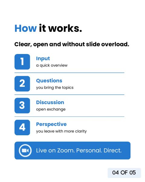 How it works: clear, open and without slide overload, in four steps from input through questions and discussion to perspective. Live on Zoom, personal and direct.