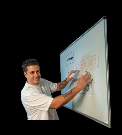 Lars explains study paths at the whiteboard, bachelor, master, and doctorate