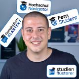 Interview cover image: Lars Ritter surrounded by the logos of his projects Hochschulnavigator, FernStudent, Fernstudium Klartext and Studienflüsterer.
