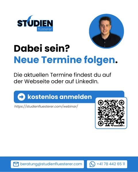 Dabei sein: neue Termine folgen, die aktuellen Termine stehen auf der Webseite oder auf LinkedIn, kostenlose Anmeldung über studienfluesterer.com/webinar.