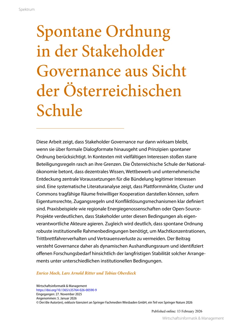 Spontane Ordnung in der Stakeholder Governance