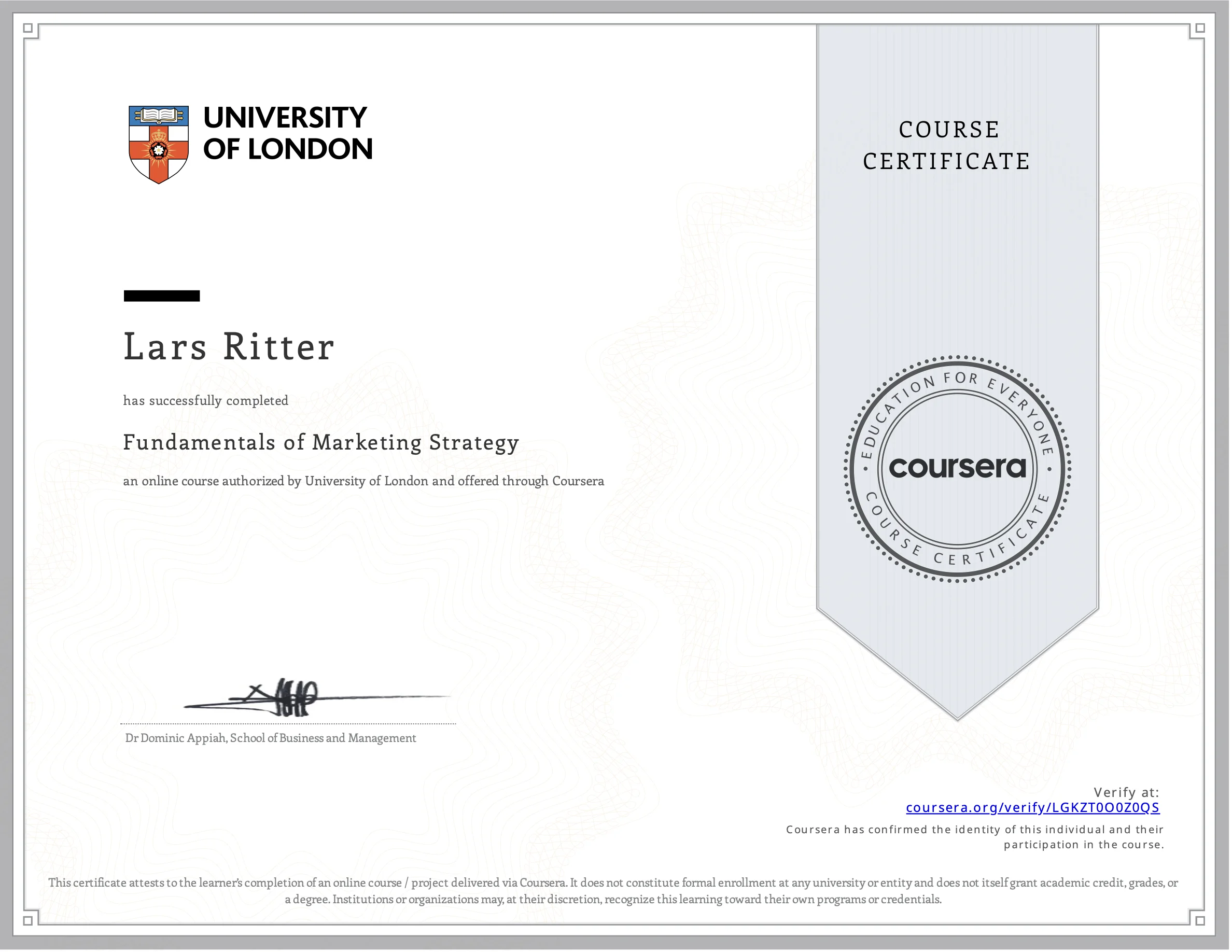 University of London Fundamentals of Marketing Strategy Zertifikat