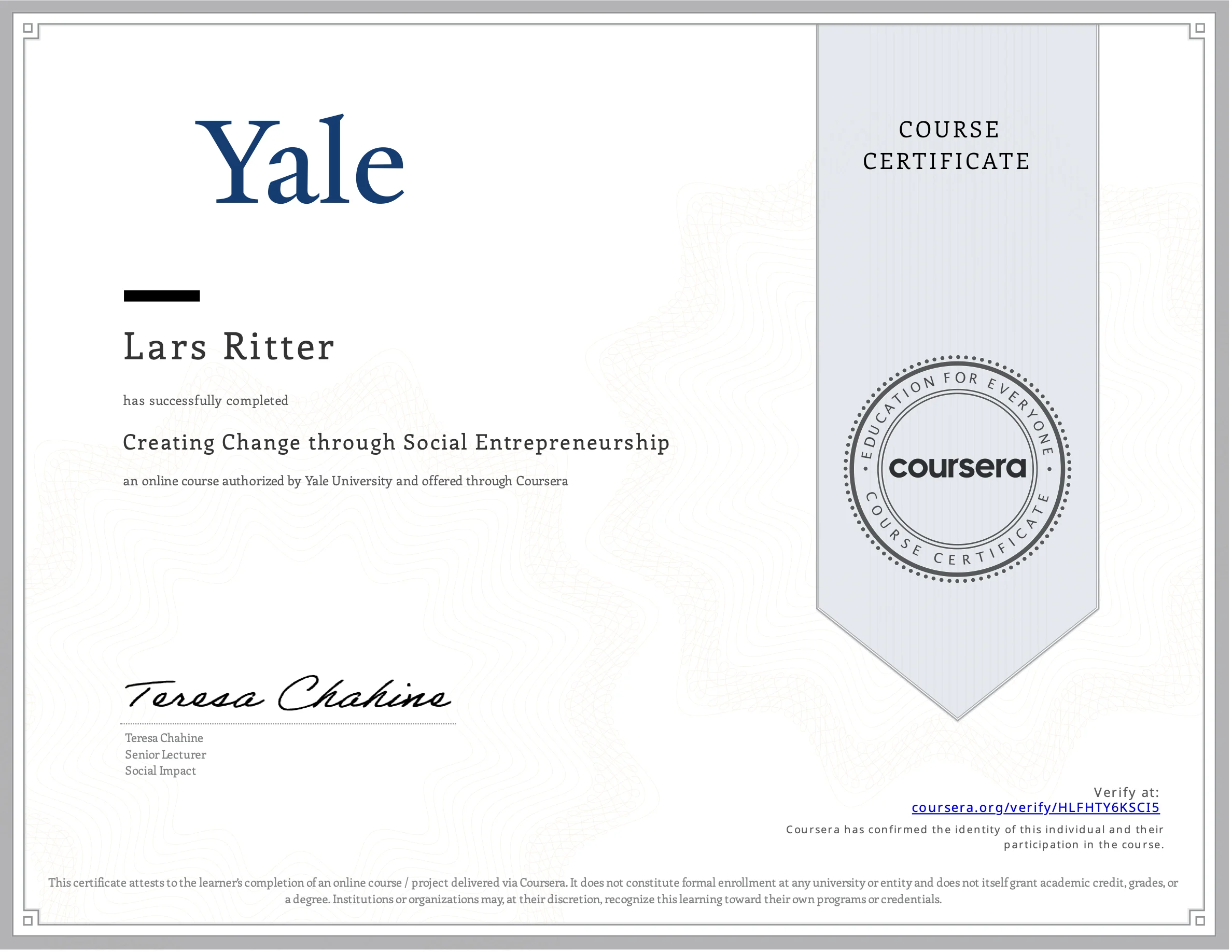 Yale Creating Change through Social Entrepreneurship Zertifikat